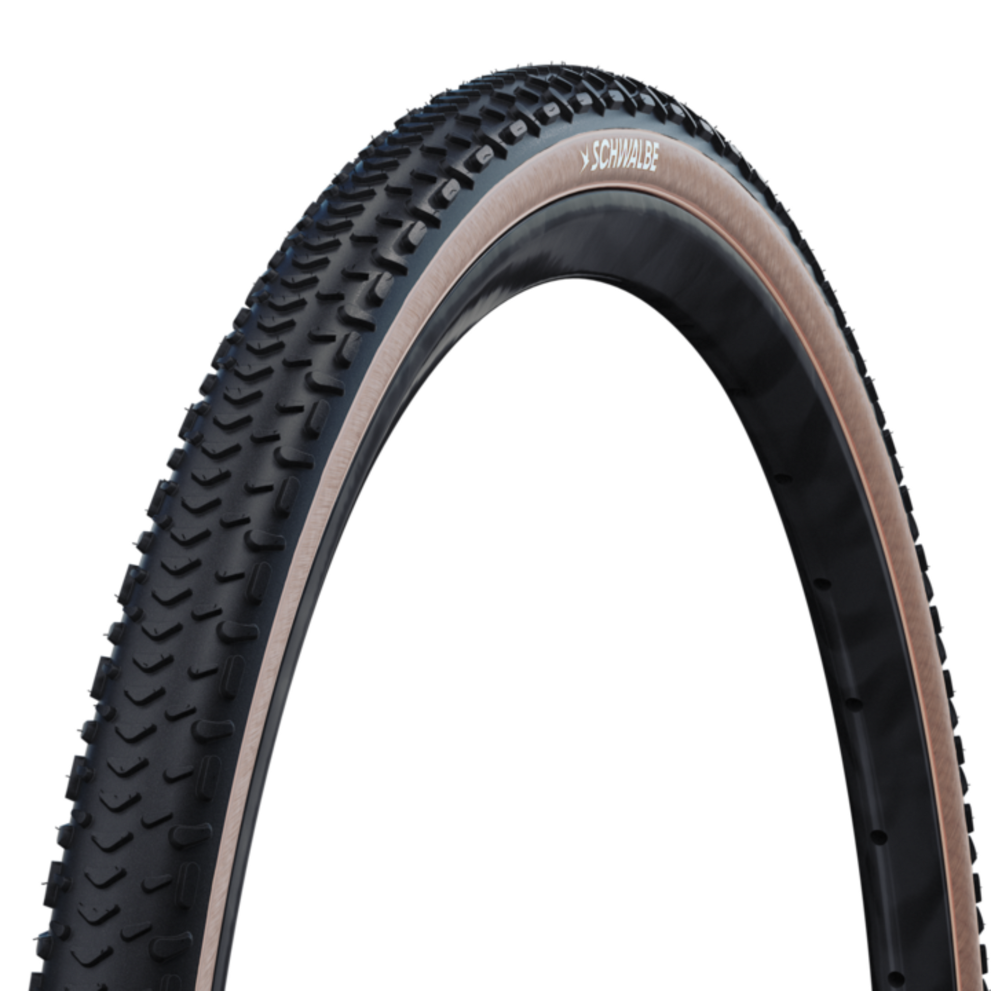 Schwalbe G‑One RX Pro gravel tire with aggressive tread in transparent sidewall colour