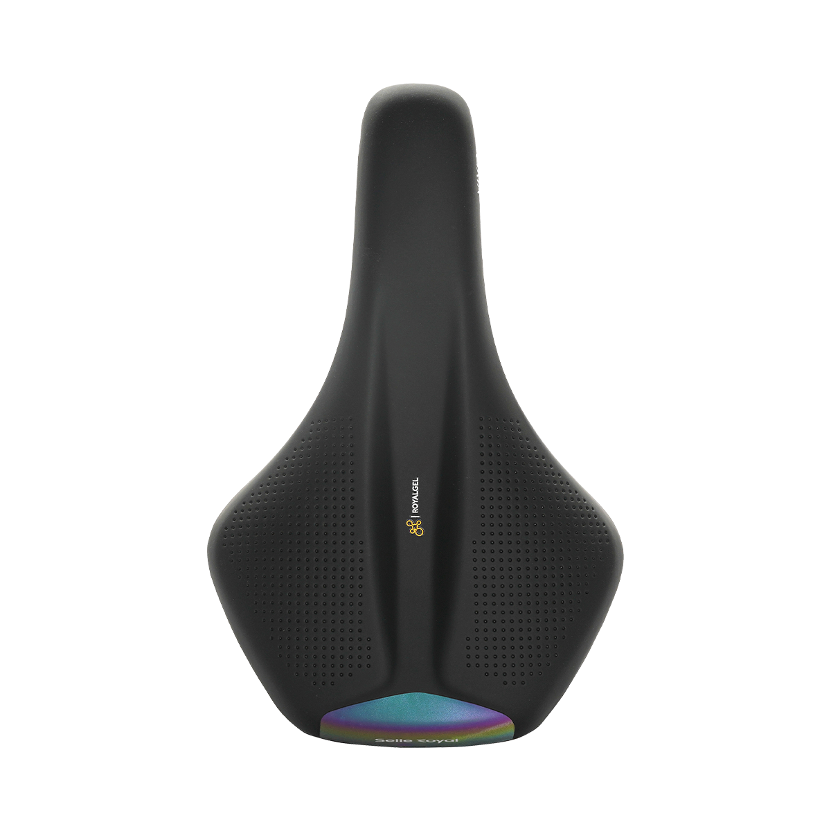 Black bicycle saddle with a visible brand logo on a white background