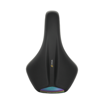 Black bicycle saddle with a visible brand logo on a white background