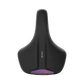 Black bicycle seat with purple accents on a white background