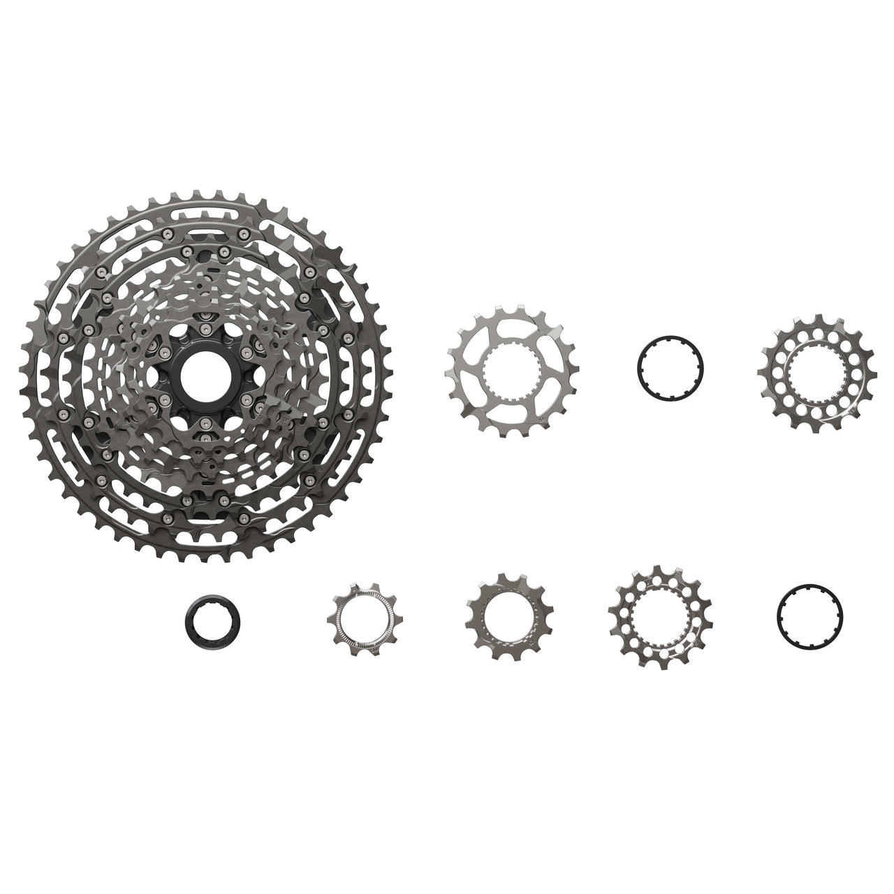 Shimano XTR CS-M9200 12 speed cassette with the cogs disassembled