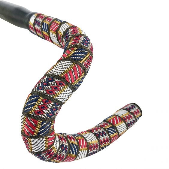 Sim Works BTP woven bar tape in diamond 1988 pattern, wrapped on handlebar.