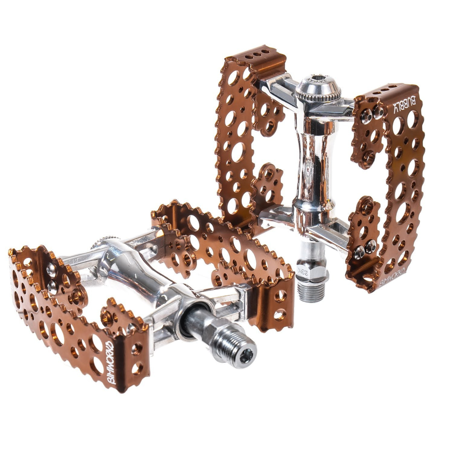 A Pair of SimWorks by MKS Bubbly Pedals Bronze Edition on white background