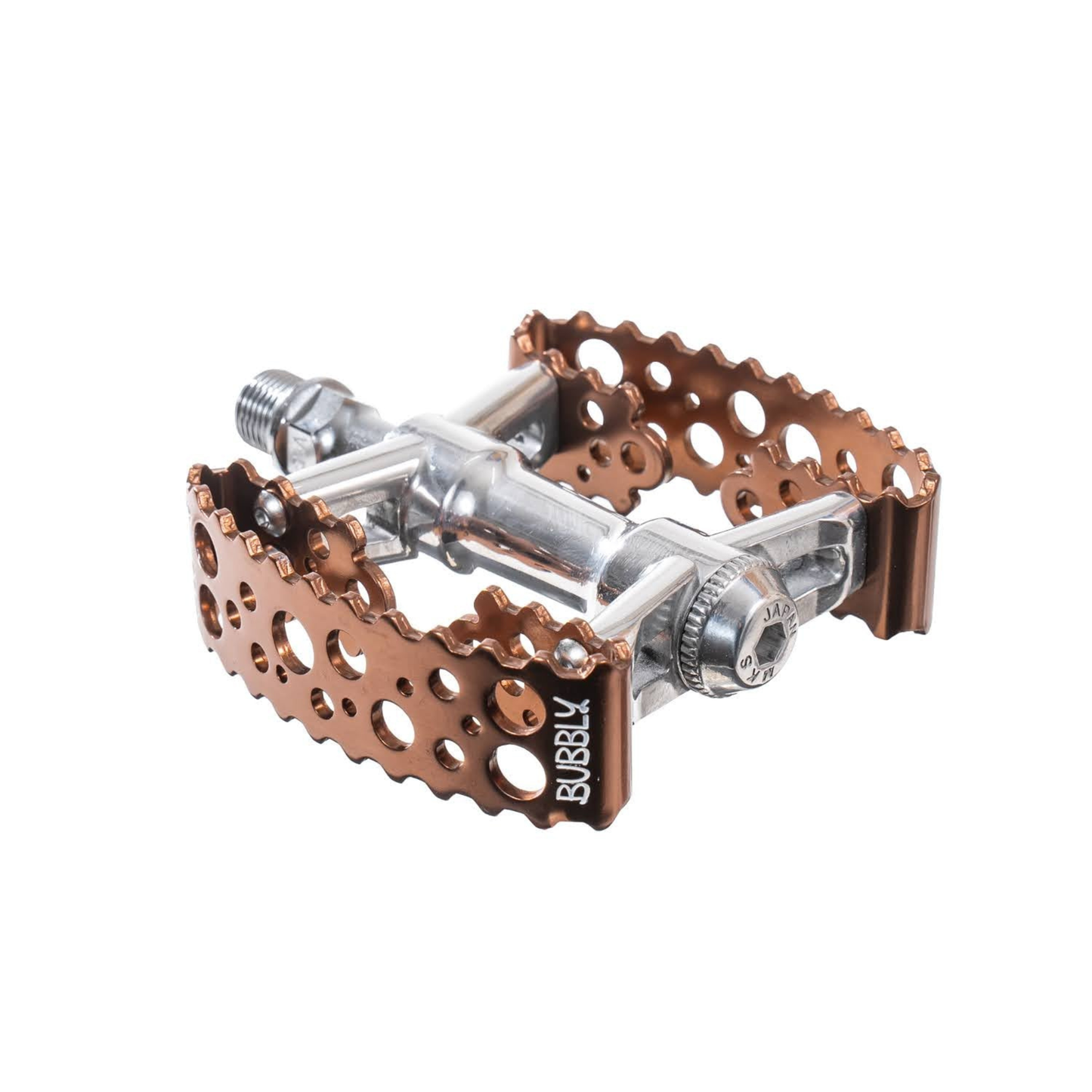 SimWorks by MKS Tiny Bubbly Bronze Edition compact platform bicycle pedals on white background