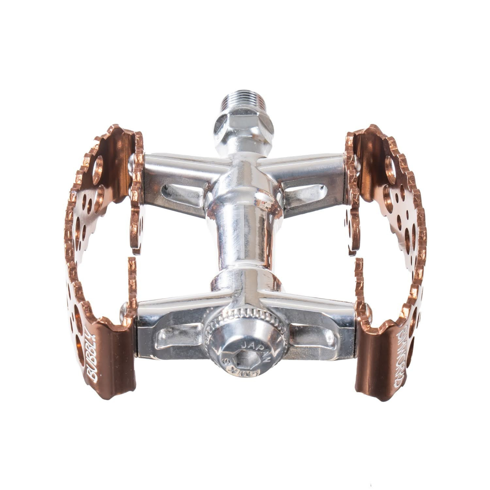 SimWorks by MKS Tiny Bubbly Bronze Edition compact platform bicycle pedals on white background, side profile