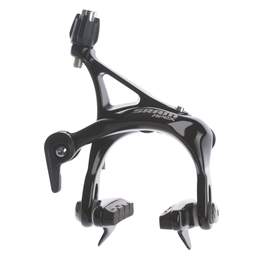 Close-up of SRAM Apex dual-pivot brake caliper with SwissStop pads