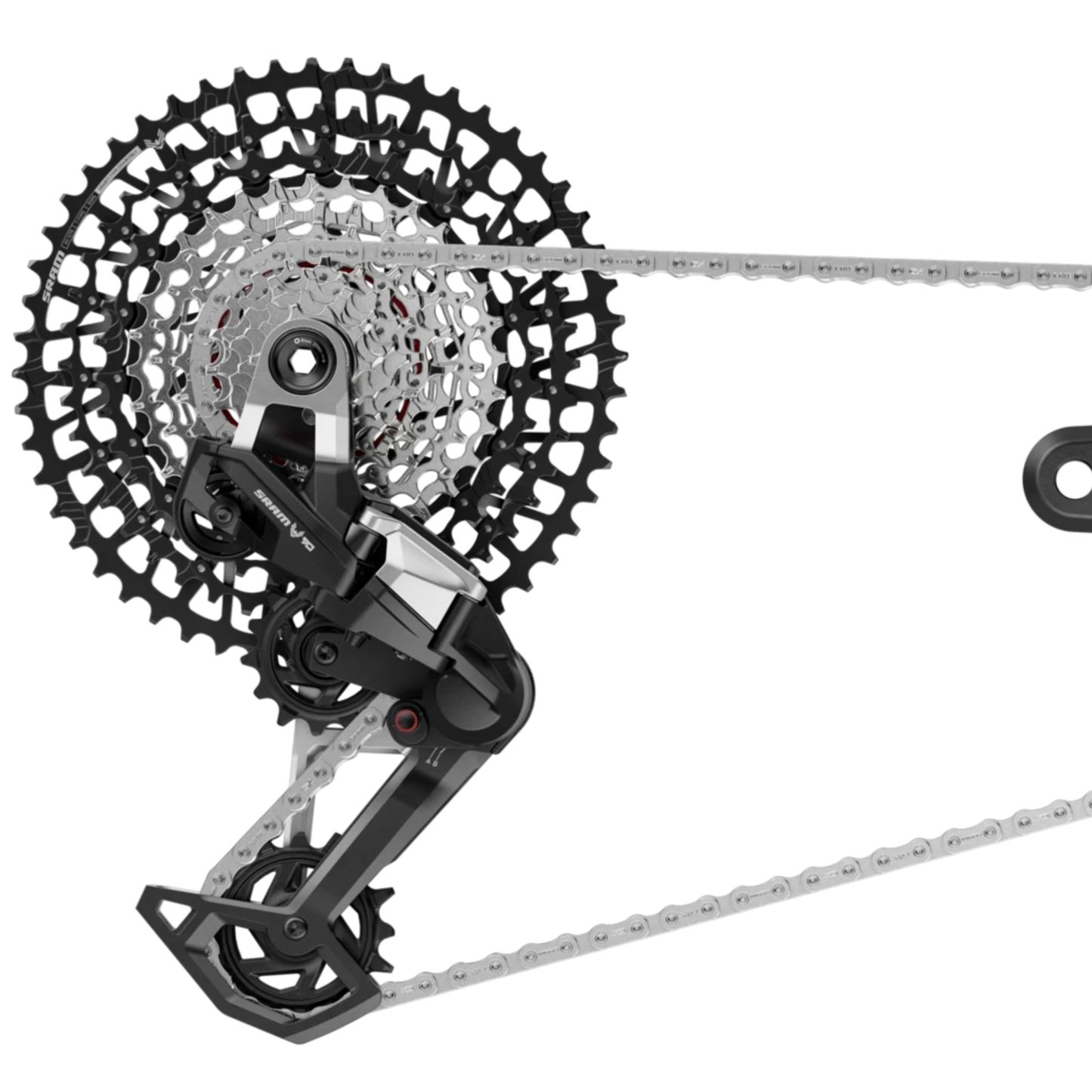 SRAM XS-1275 T-Type 10-52 cassette, chain and rear derailleur close up view