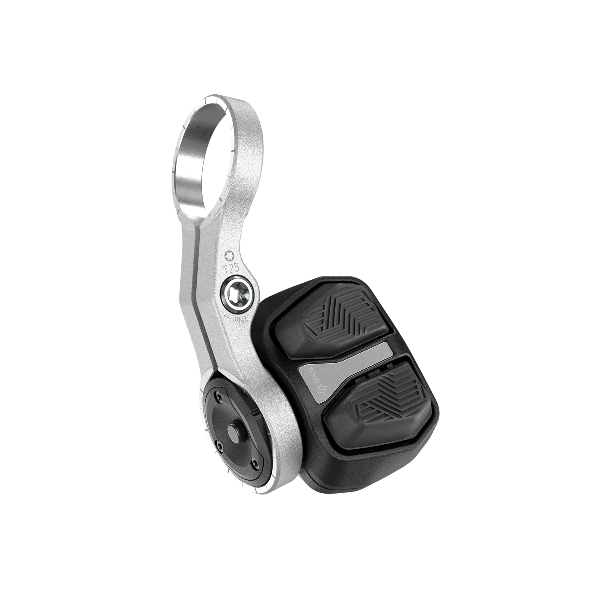 Keychain device with a silver clip and black buttons on a white background