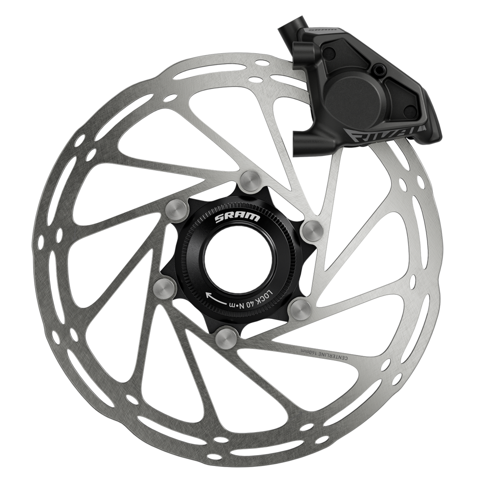 SRAM Rival AXS eTap HRD shifter brake lever mounted on a brake rotor