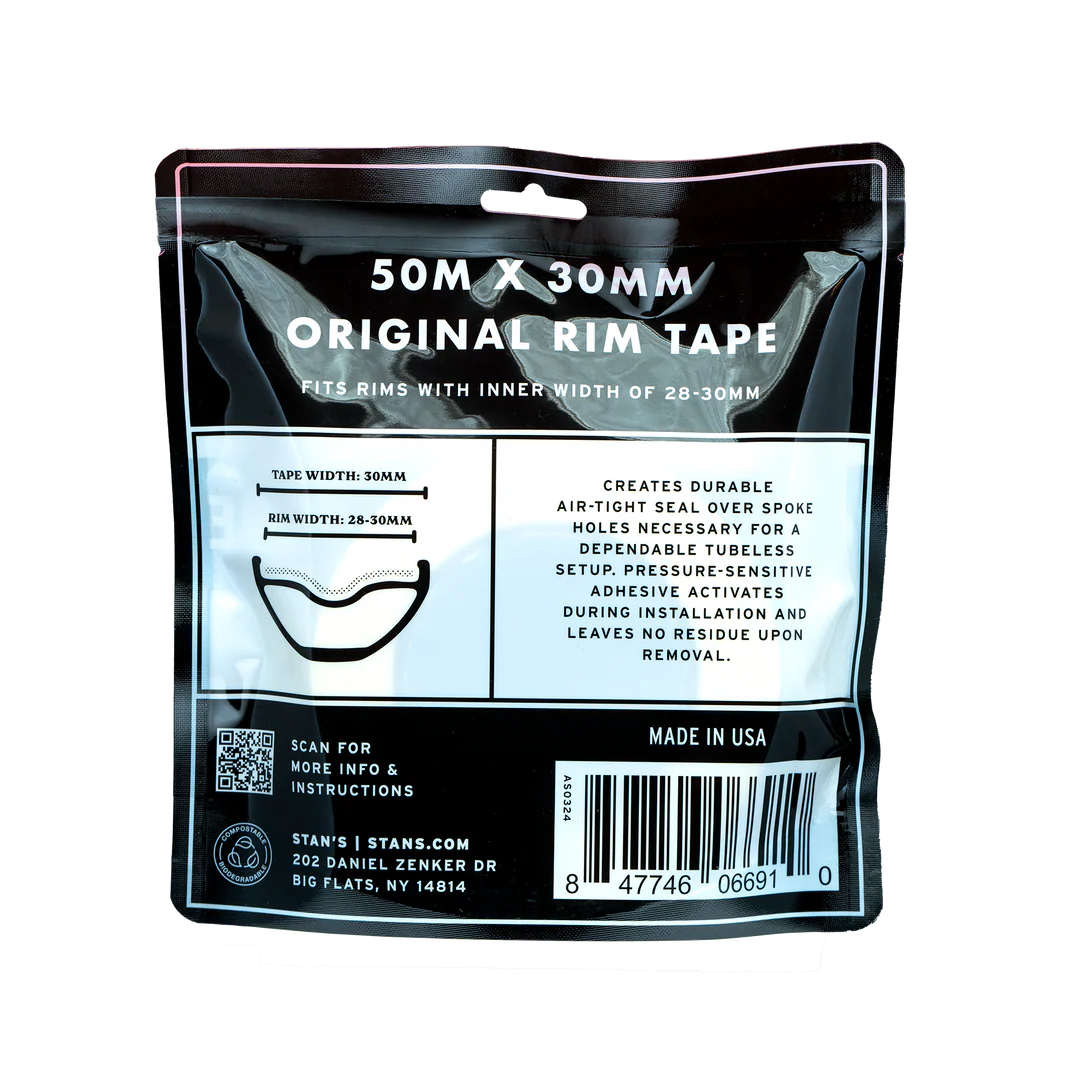 Stan’s Original Tubeless Rim Tape roll inside a plastic bag back view