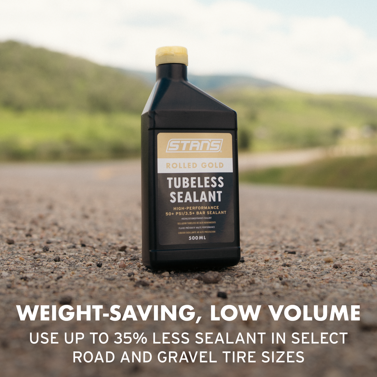 Stan's Rolled Gold Tubeless Tire Sealant for road and gravel tires, featuring a high-pressure natural latex formula for fast puncture sealing.