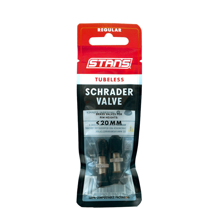Stan’s tubeless Schrader valve brass inside a plastic package