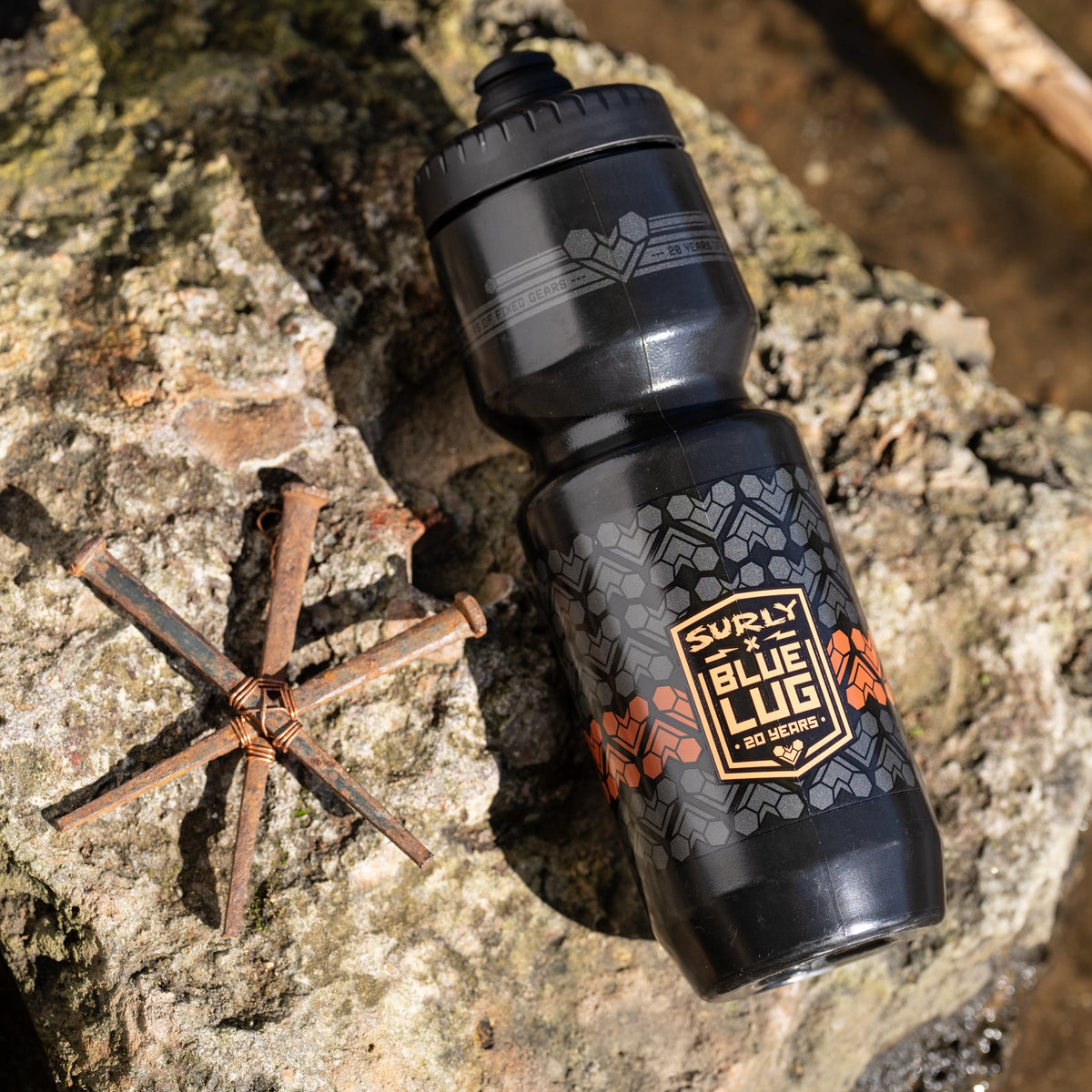 Limited-edition Surly x Blue Lug 20th Anniversary 26oz cycling water bottle celebrating Blue Lug's 20 years.
