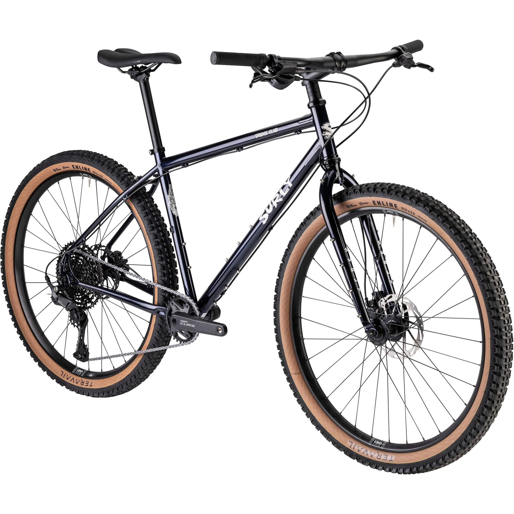 Surly Bridge Club bike in Squid Ink steel adventure bicycle on white background, front drive side angle view