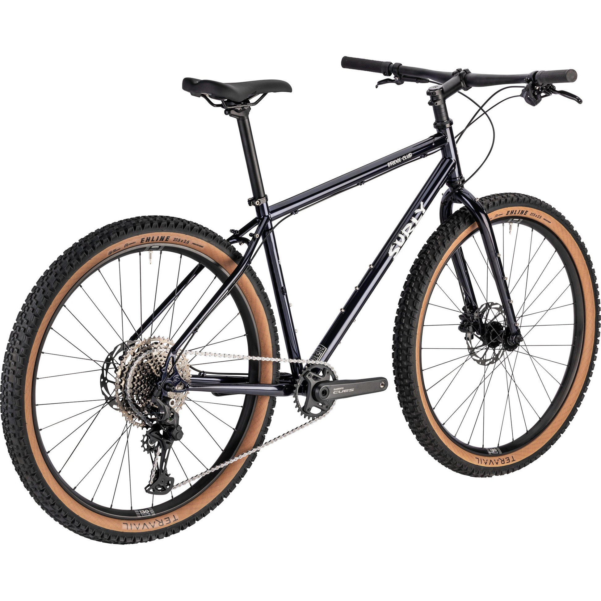 Surly Bridge Club bike in Squid Ink steel adventure bicycle on white background drive side rear angle view