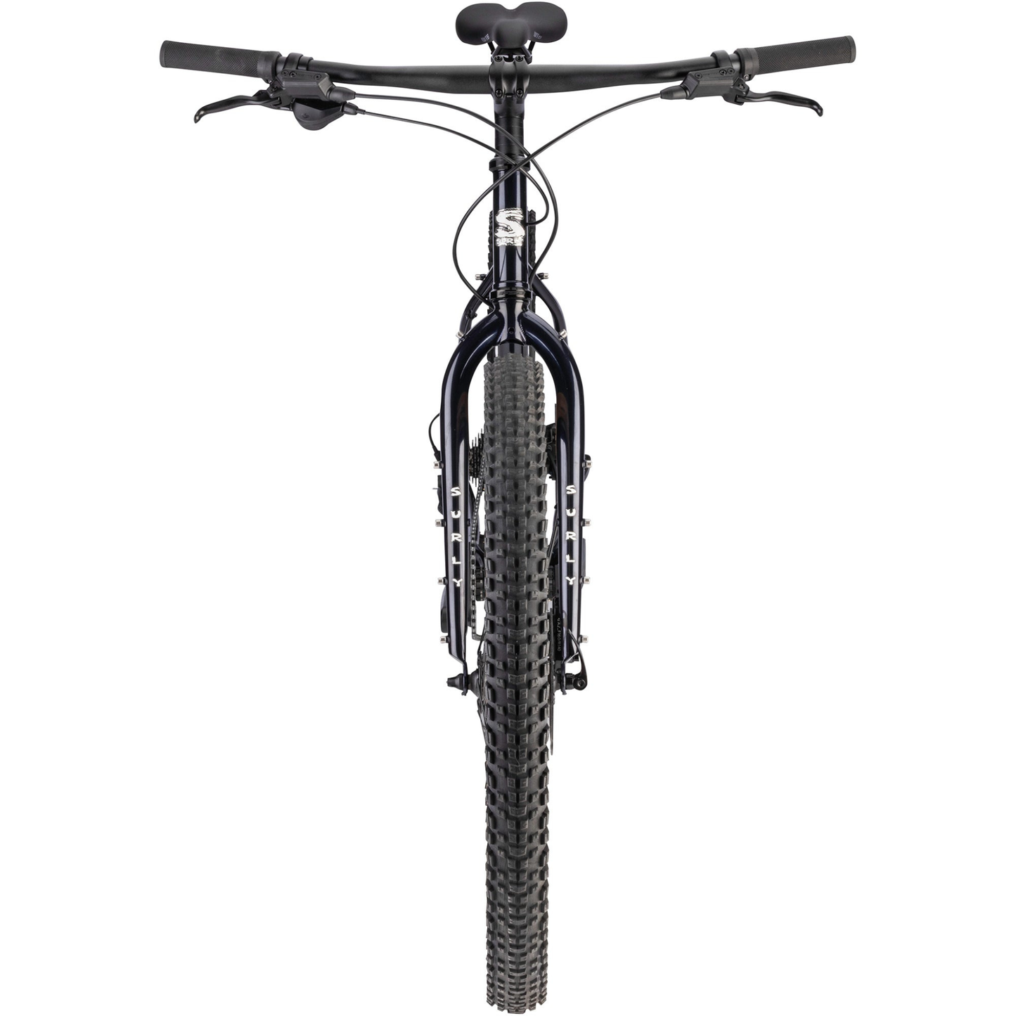 Surly Bridge Club bike in Squid Ink steel adventure bicycle on white background, view from front tire