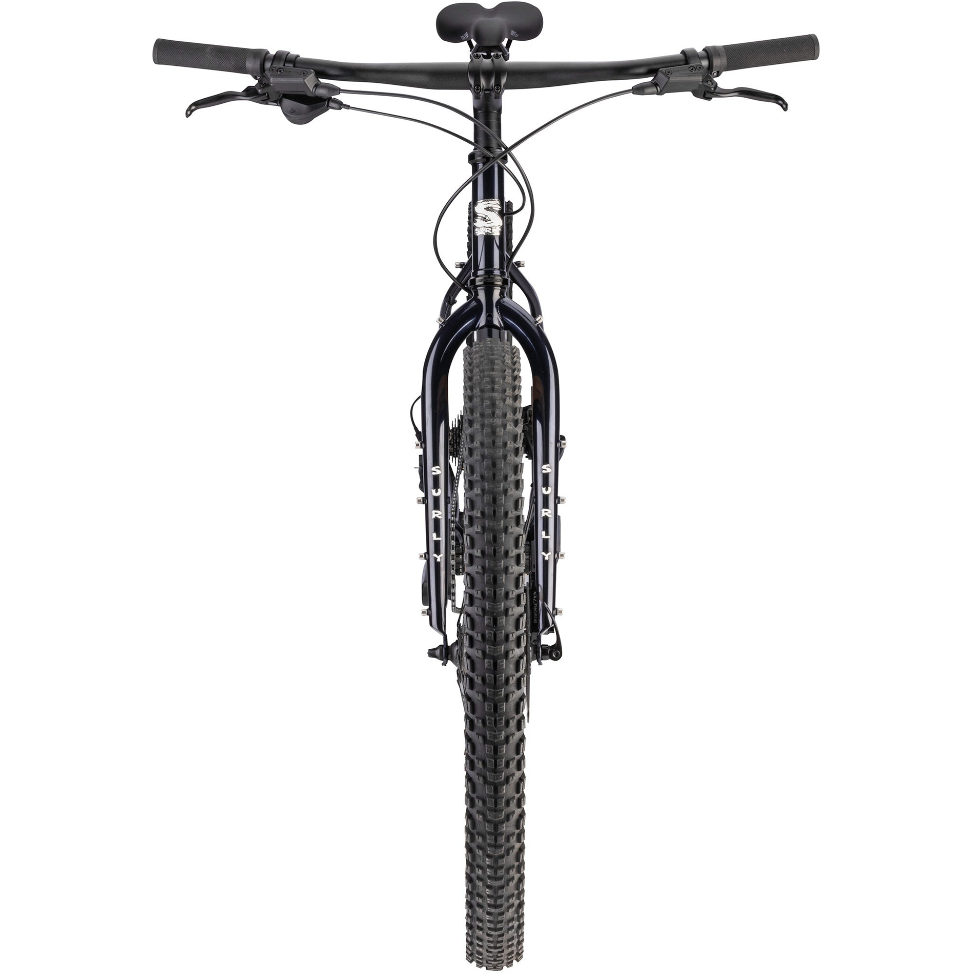 Surly Bridge Club bike in Squid Ink steel adventure bicycle on white background, view from front tire