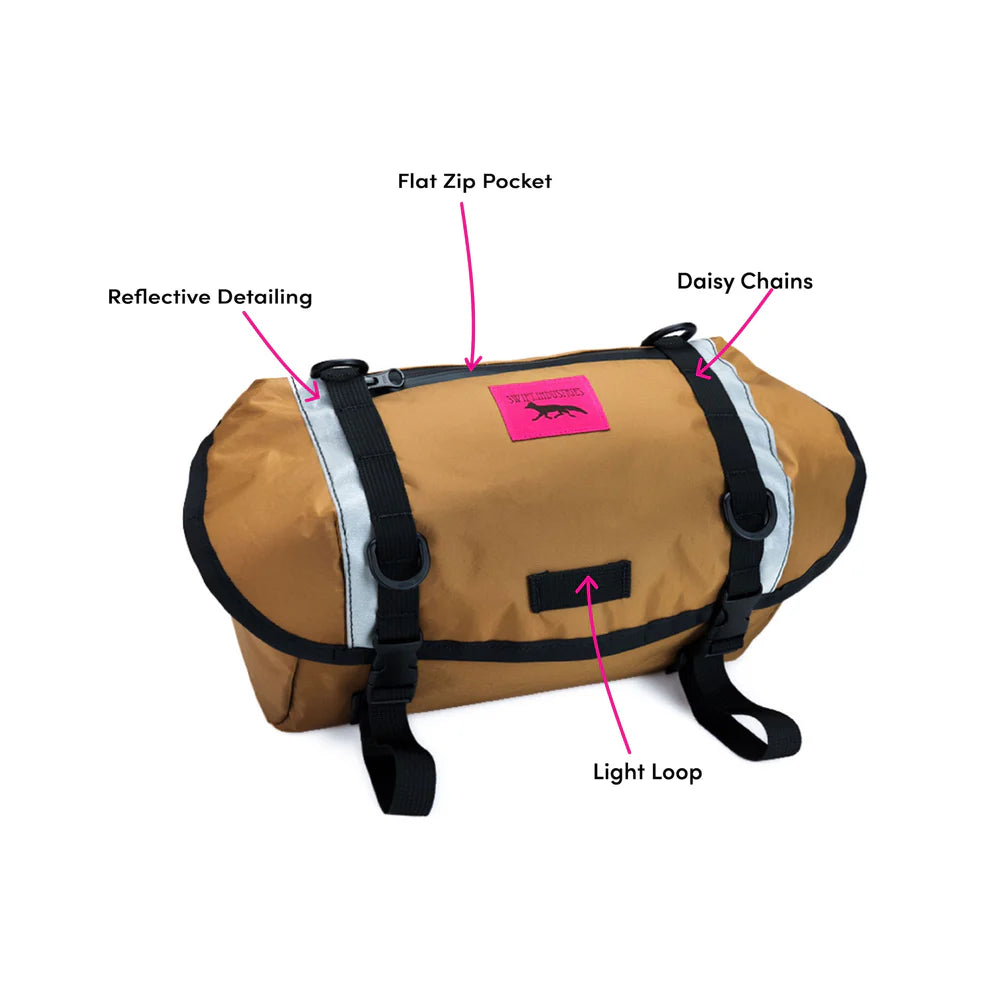 Swift Industries Catalyst Pack handlebar bag Coyote with the cover closed