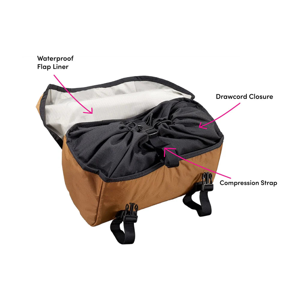 Swift Industries Catalyst Pack handlebar bag Coyote with the cover opened