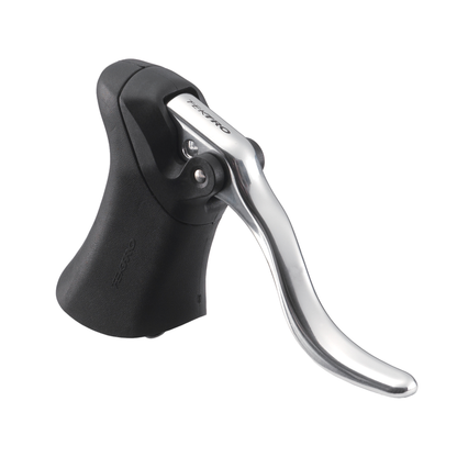 Bicycle brake lever with black grip and silver lever on a white background
