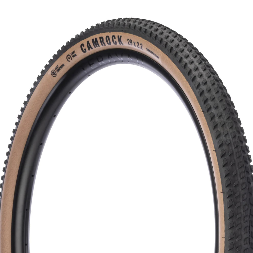 Teravail Camrock Light Trail gravel tire tan casing close up view