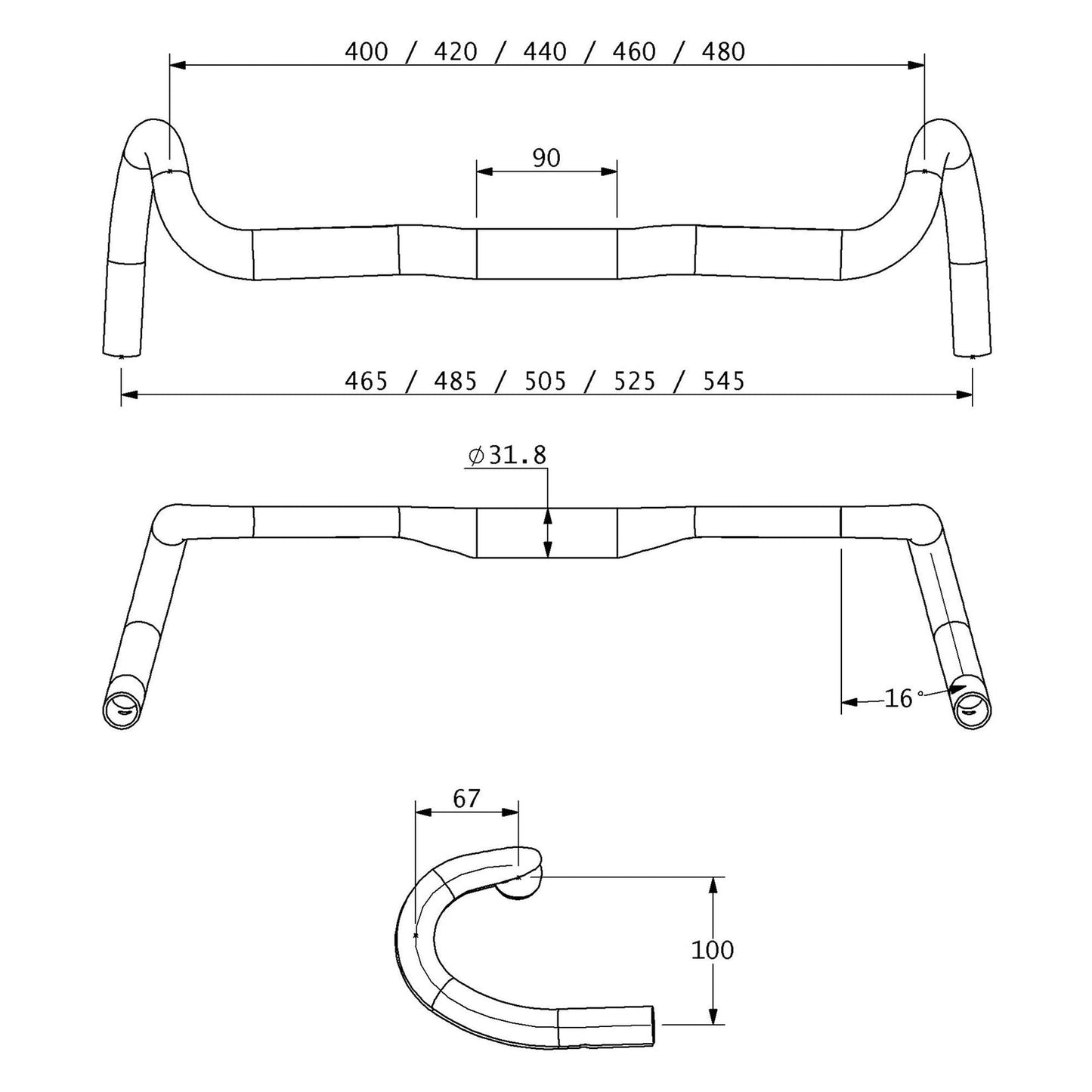 Geometryof the Teravail Feldspar Alloy drop handlebar 