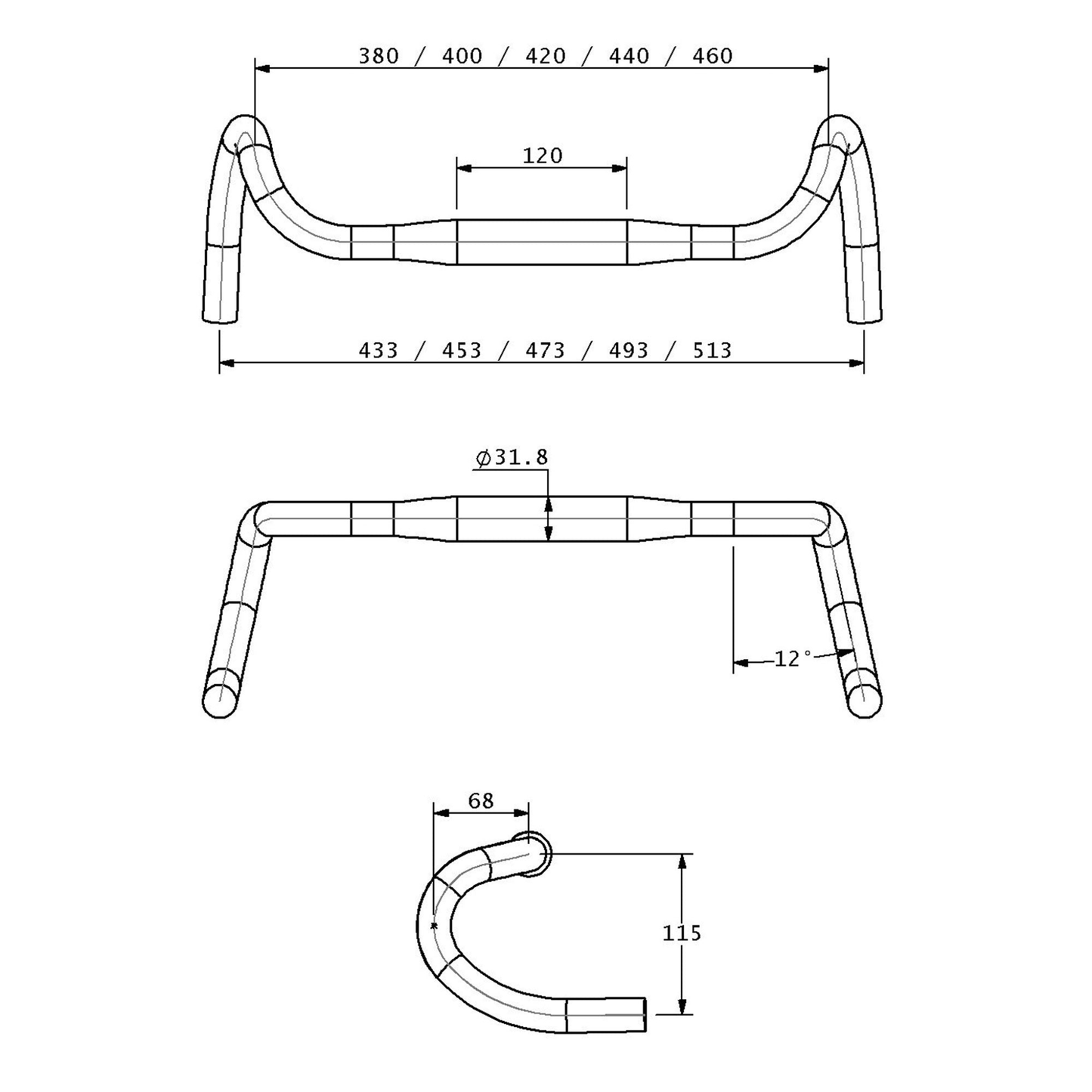 Technical drawing of the Teravail Radia 12 SE flared aluminum drop handlebar 