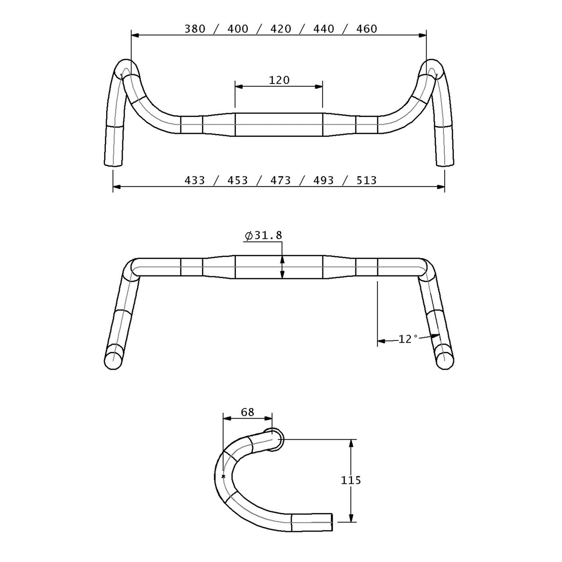 Technical drawing of the Teravail Radia 12 SE flared aluminum drop handlebar 