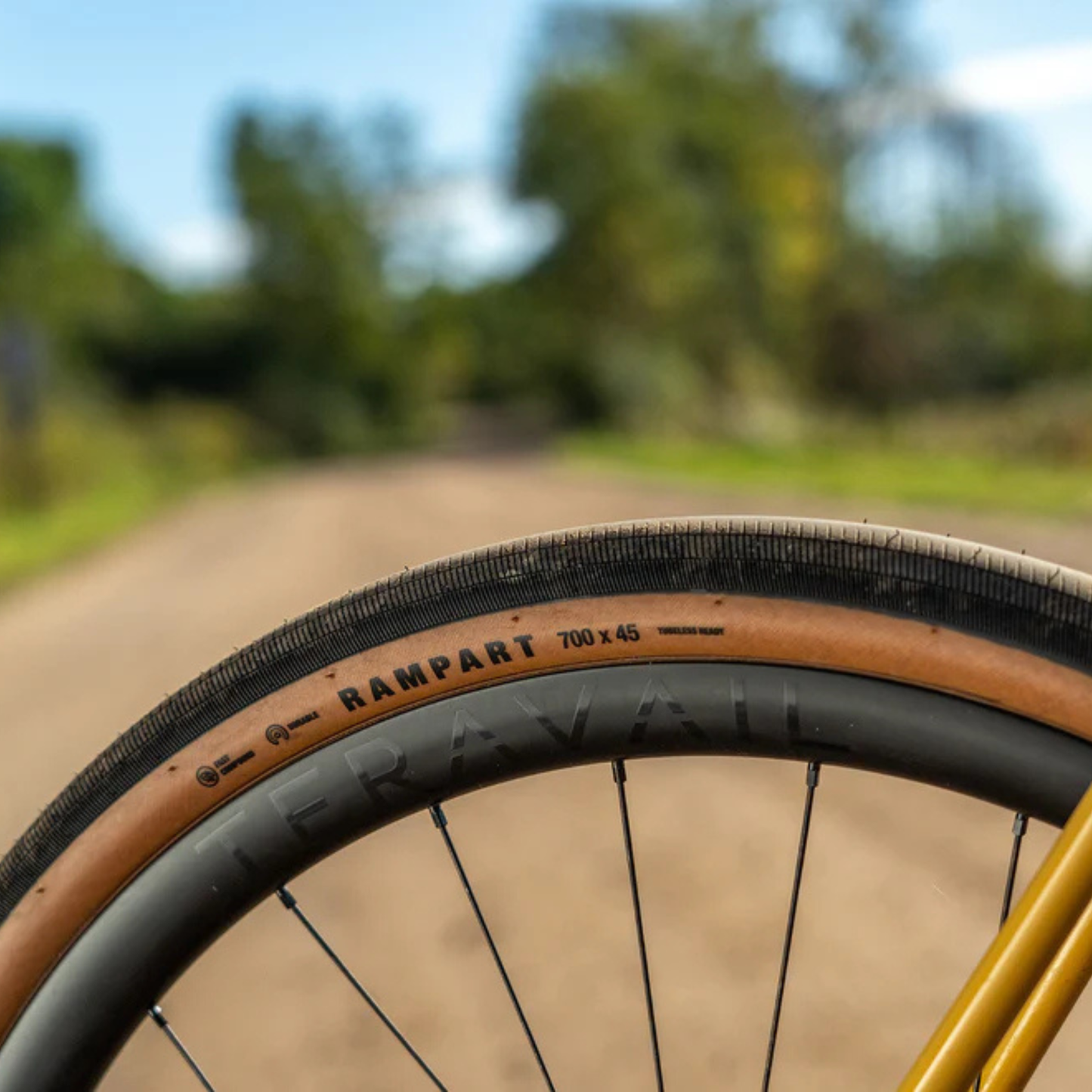 Teravail Rampart Gen 2 gravel tire in black tan installed on a bike