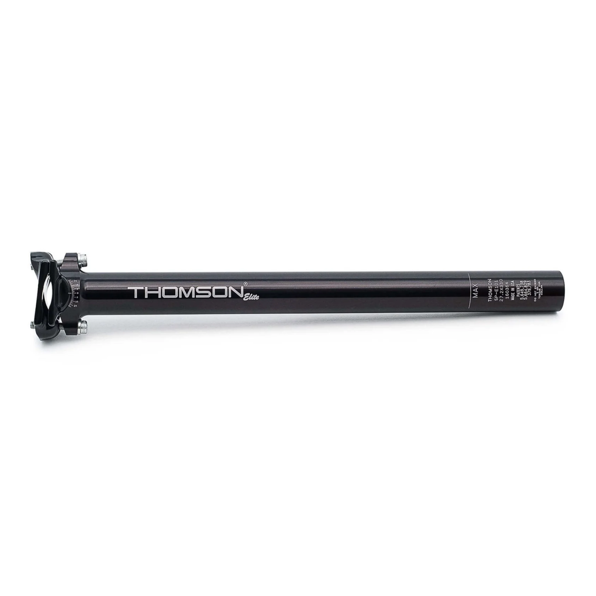 Thomson Elite aluminium bicycle seatpost with integrally machined head, forged two-bolt saddle clamp and precision-engineered 7000-series aluminium construction.
