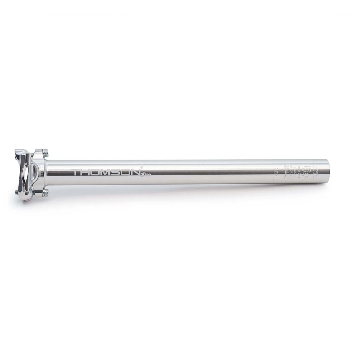 Thomson Elite aluminium bicycle seatpost with integrally machined head, forged two-bolt saddle clamp and precision-engineered 7000-series aluminium construction.