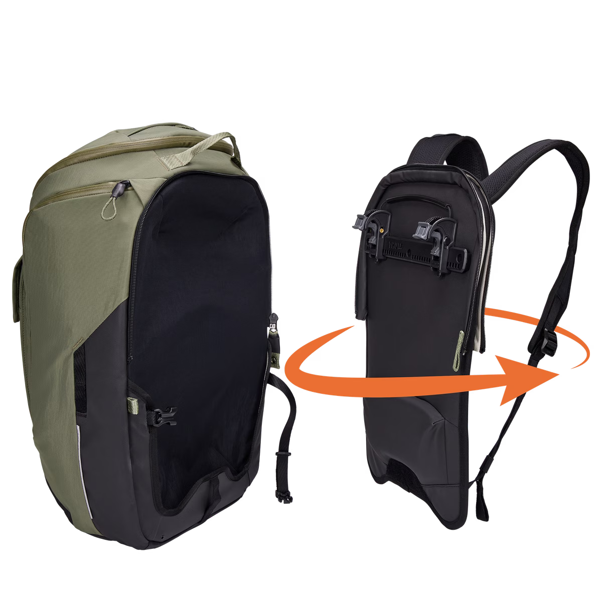 Thule Paramount Hybrid Pannier converted to backpack soft green