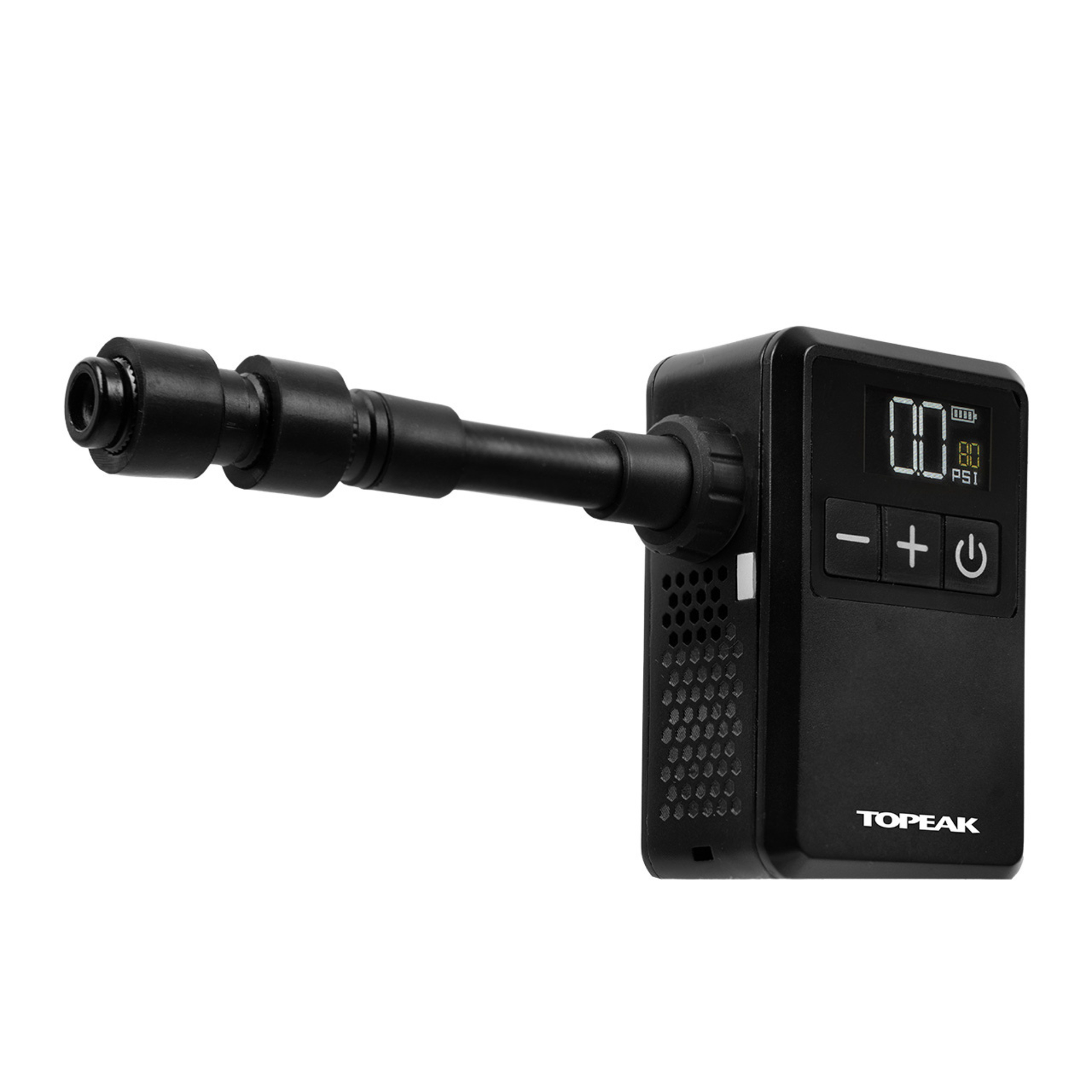 Topeak E-Booster Digital Mini electric bike pump with the hose installed and ready to use. 