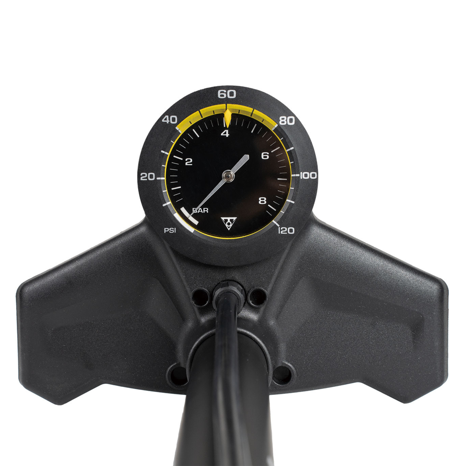 Topeak JoeBlow Urban EX with 3.5 inch analog gauge close up view