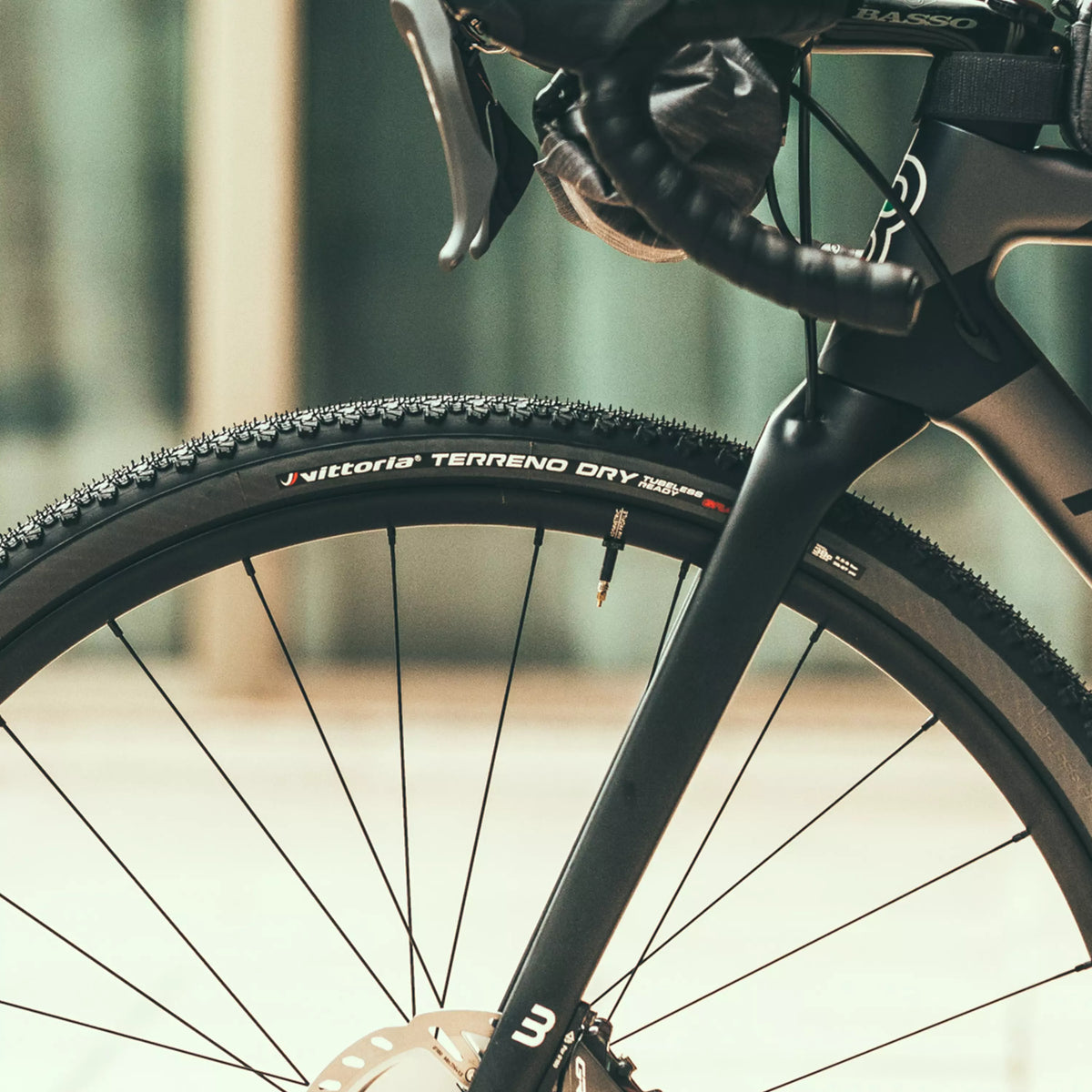 Vittoria Terreno Dry Gravel Endurance installed on a front gravel wheel