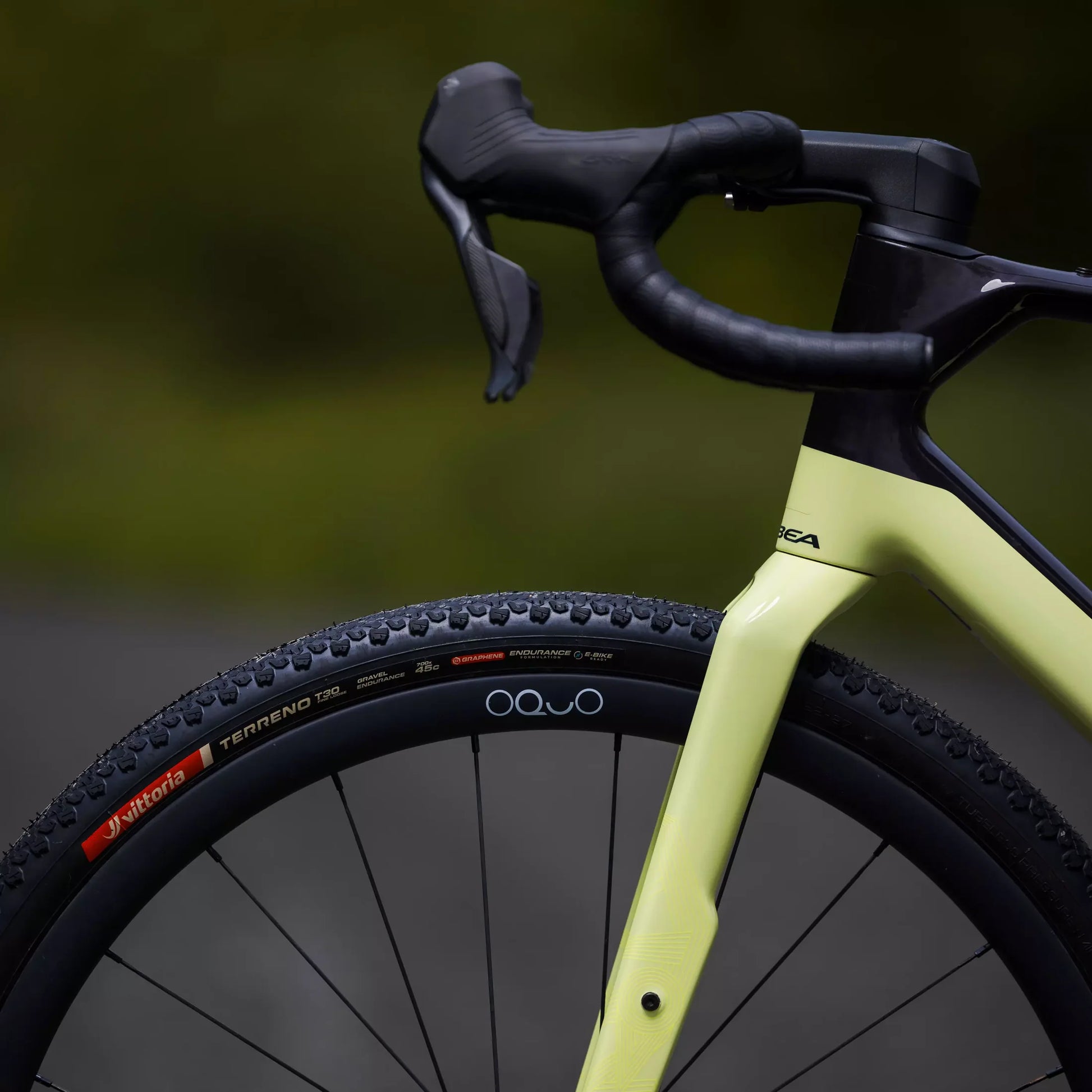 Vittoria Terreno T30 Gravel Endurance tire installed on a front wheel