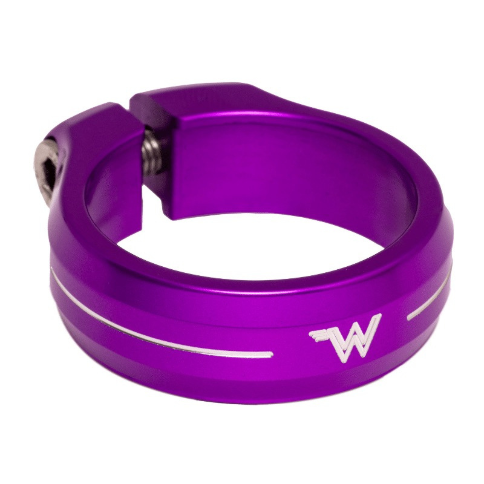 White Industries CNC-machined aluminum seat collar in purple anodized colour on white background.
