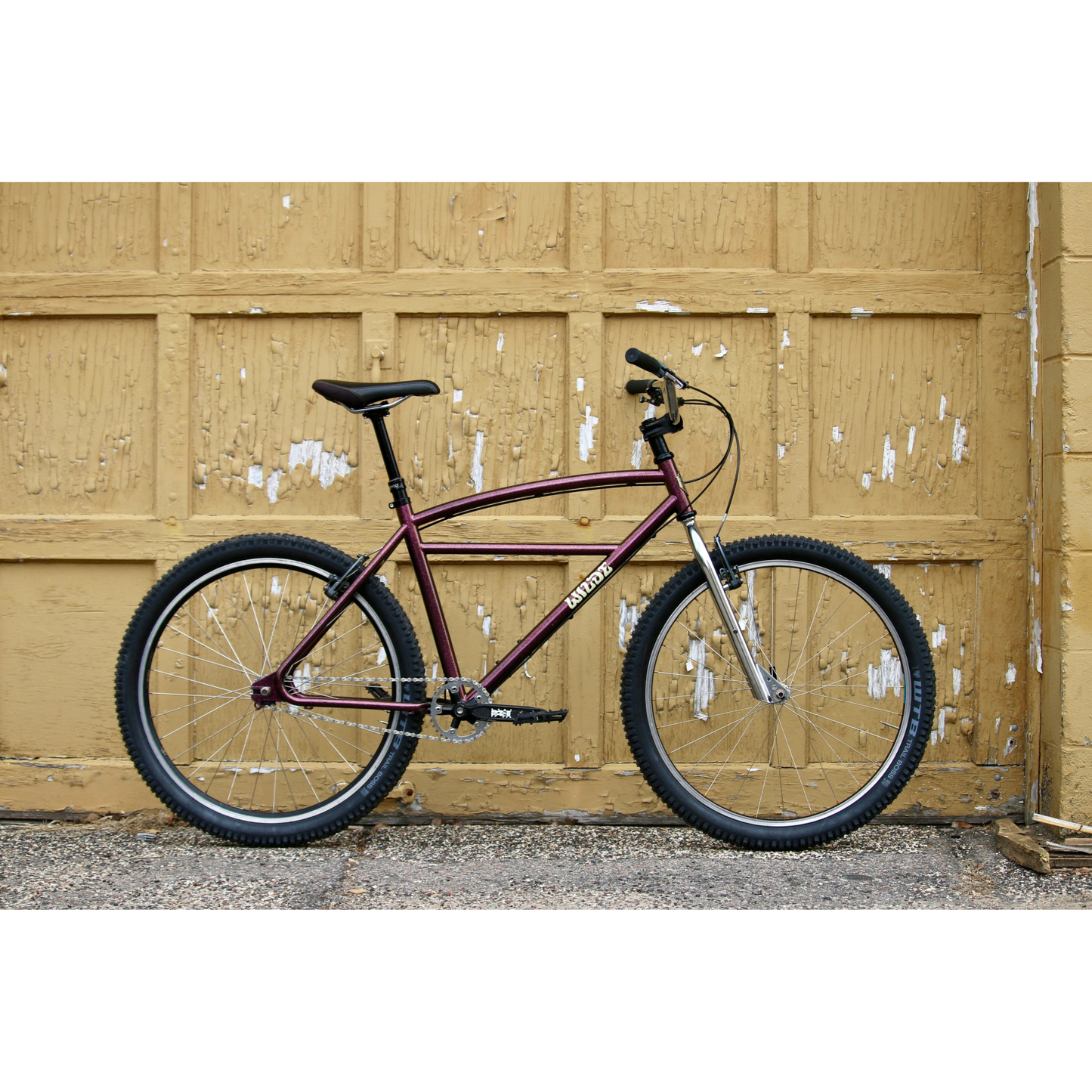 Wilde Moto Cruiser steel frameset with matching fork and Moto Cruiser handlebar
assembled in front of garage door