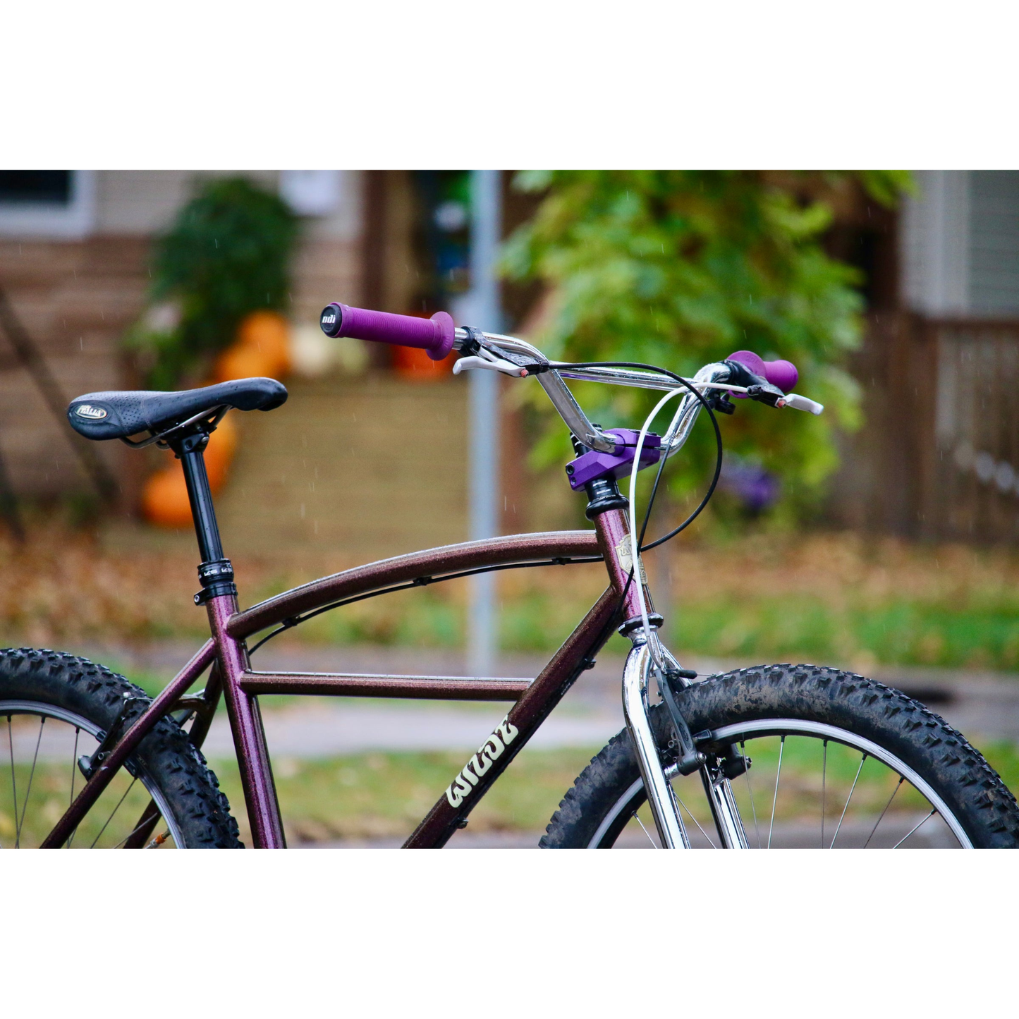 Wilde Moto Cruiser steel frameset with matching fork and Moto Cruiser handlebar, detail of double top tube and handlebar
