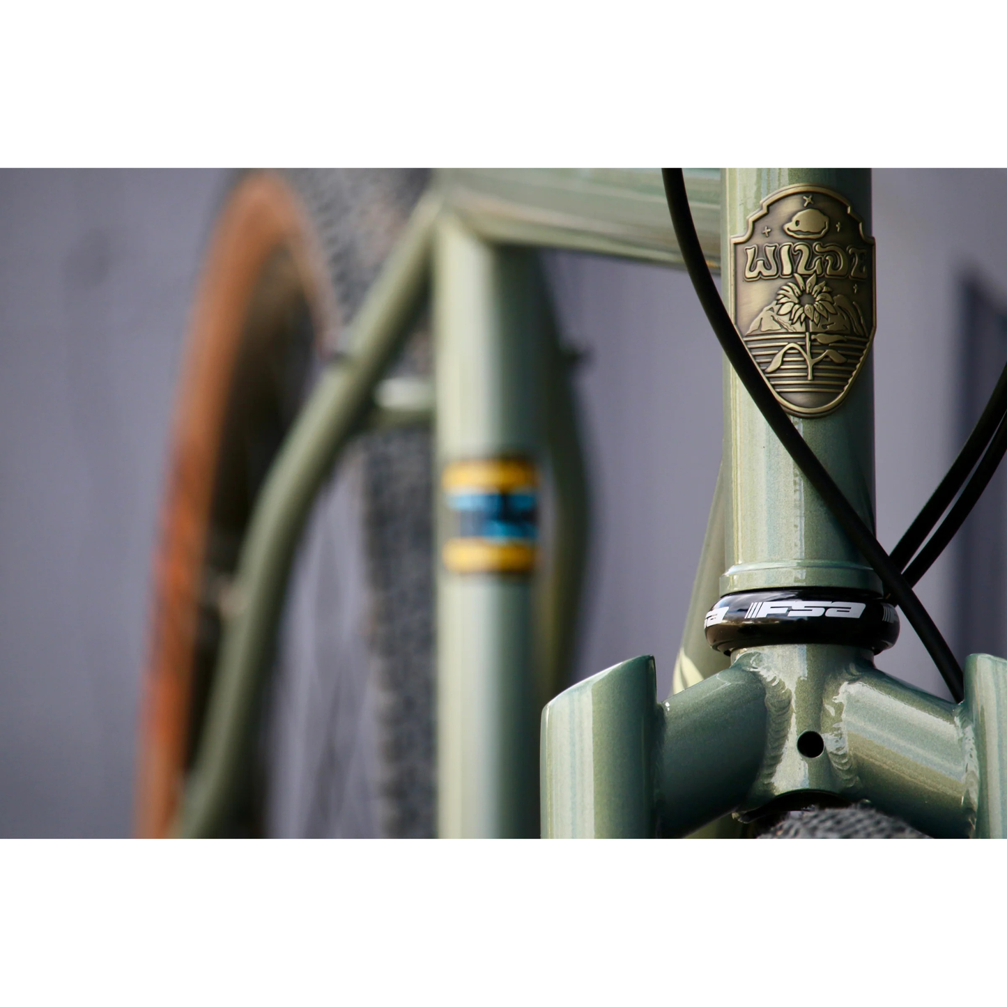 Wilde Rambler steel frameset Sage Green Shimmer headtube view