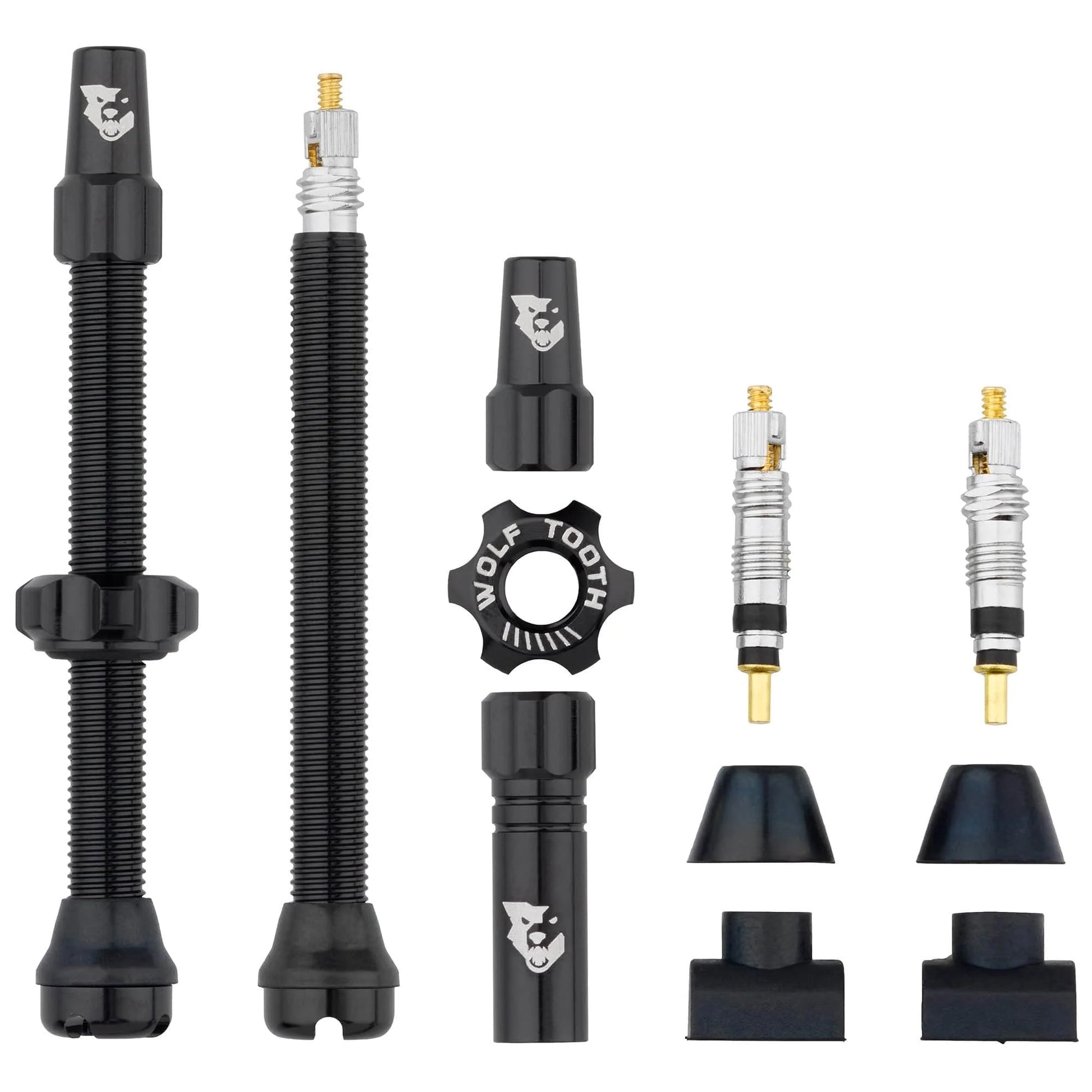 Set of bike tubeless valve components 60mm length  with Wolf Tooth logo on a white background