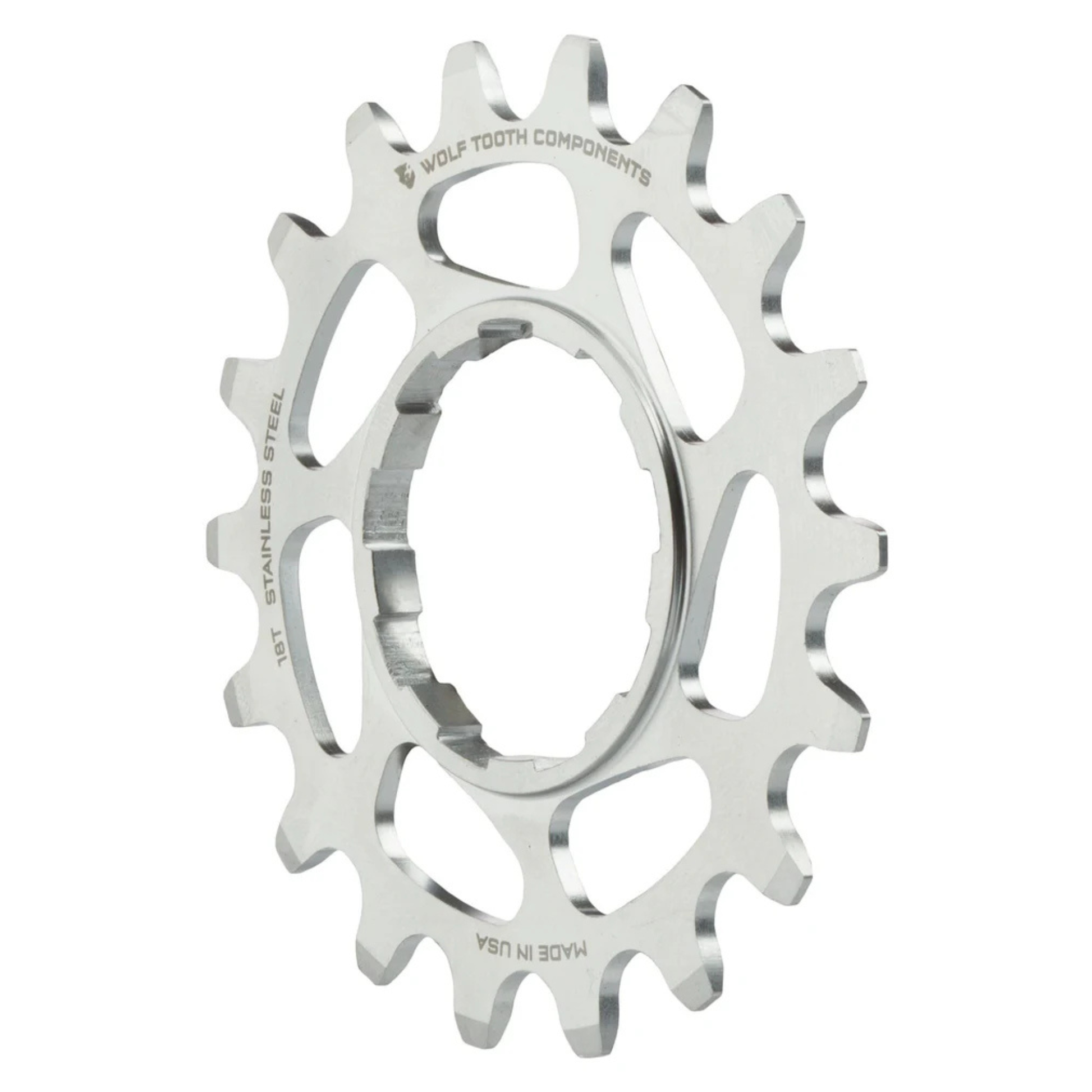 Wolf Tooth stainless steel single speed cog 18 tooth diagonal view