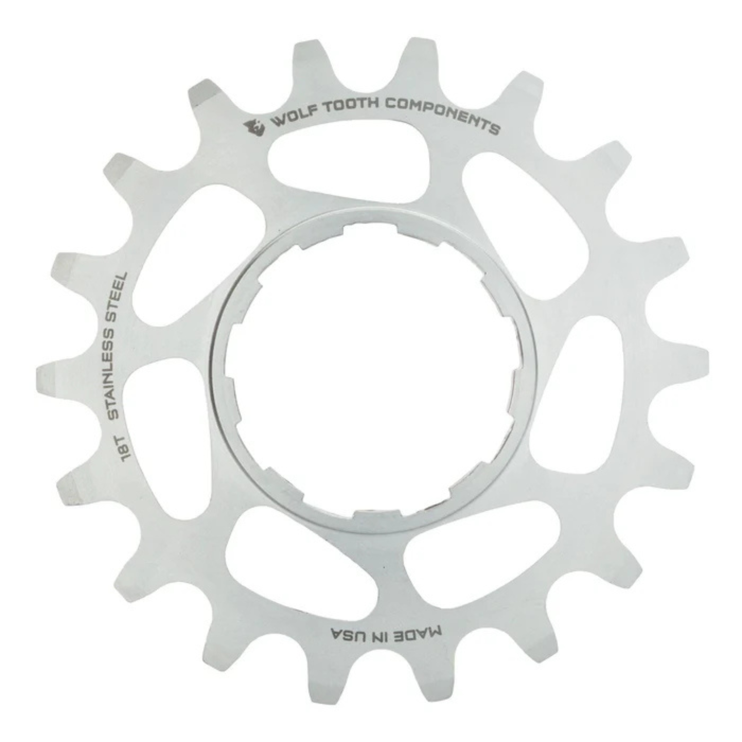 Wolf Tooth stainless steel single speed cog 18 tooth front flat view