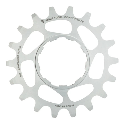 Wolf Tooth stainless steel single speed cog 18 tooth front flat view