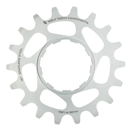 Wolf Tooth stainless steel single speed cog 18 tooth front flat view