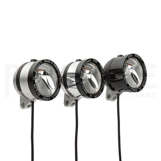 SON Edelux II 100 lux dynamo headlights on white background