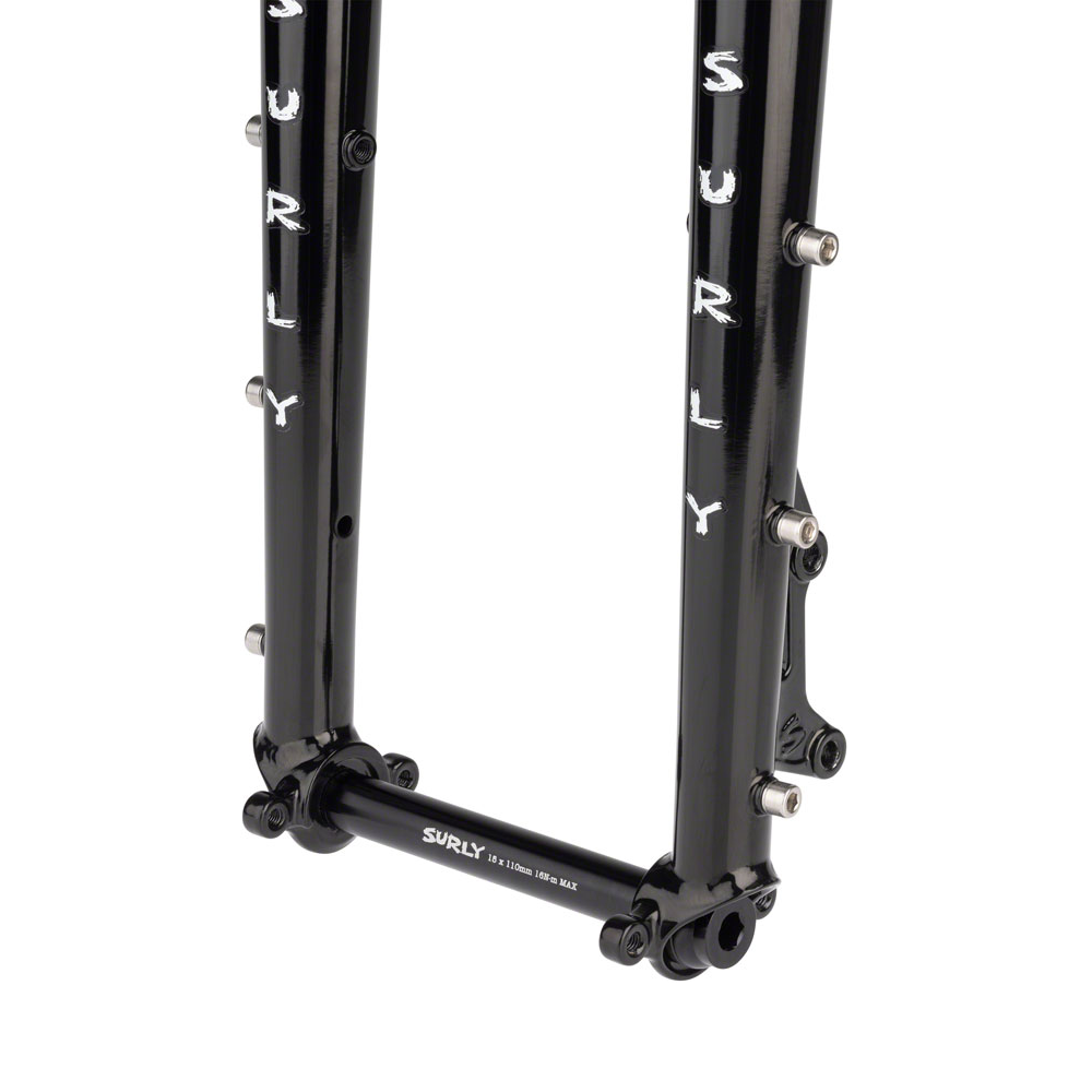 Surly Dinner Fork black Chromoly steel rigid bicycle fork with 3-pack accessory mounts and disc brake mounts, available in 420mm and 485mm axle-to-crown lengths.