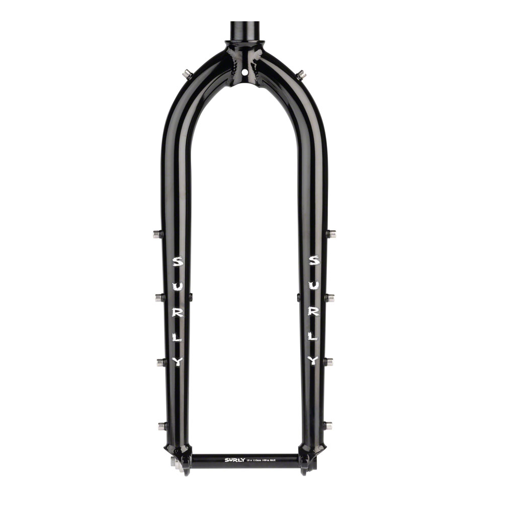 Surly Dinner Fork black Chromoly steel rigid bicycle fork with 3-pack accessory mounts and disc brake mounts, available in 420mm and 485mm axle-to-crown lengths.