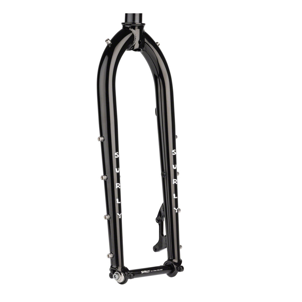 Surly Dinner Fork black Chromoly steel rigid bicycle fork with 3-pack accessory mounts and disc brake mounts, available in 420mm and 485mm axle-to-crown lengths.