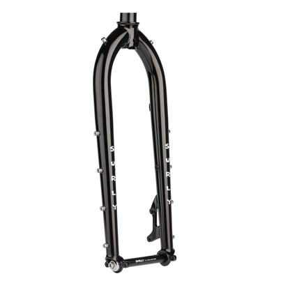 Surly Dinner Fork black Chromoly steel rigid bicycle fork with 3-pack accessory mounts and disc brake mounts, available in 420mm and 485mm axle-to-crown lengths.